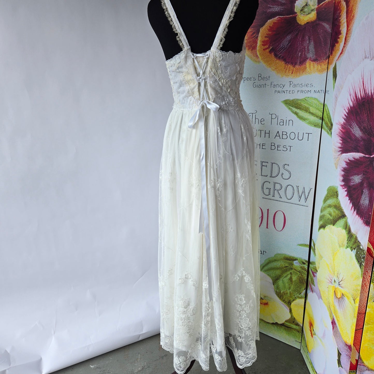 Ethereal Romance | White & Cream | Dress | Vintage Lace Embroidered Rose & Lace-up | Wedding & Bridal |Size Medium - Large
