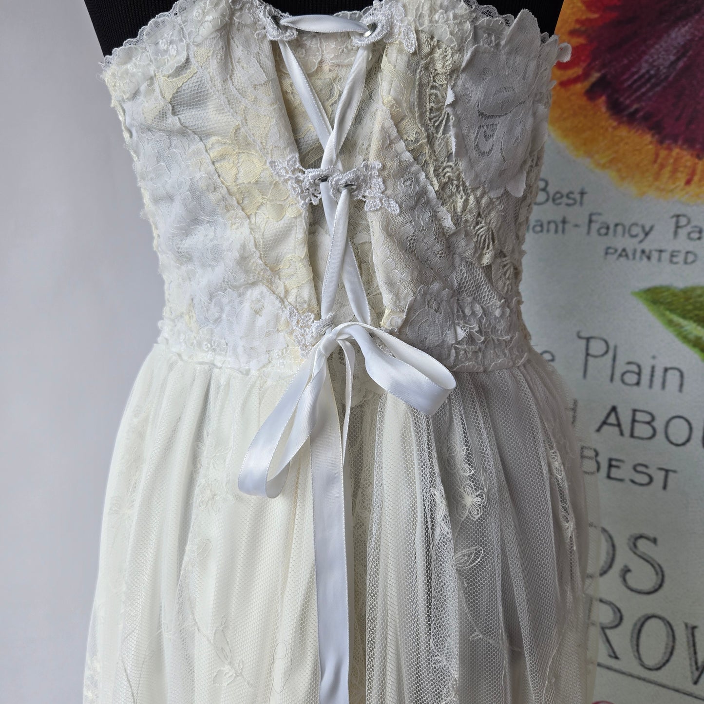 Ethereal Romance | White & Cream | Dress | Vintage Lace Embroidered Rose & Lace-up | Wedding & Bridal |Size Medium - Large