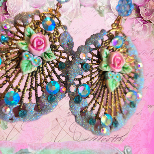Ethereal Romance | Blue | Earrings | Art Deco Inspired Filigree Peacock Feather & Rose with Forget-Me-Not