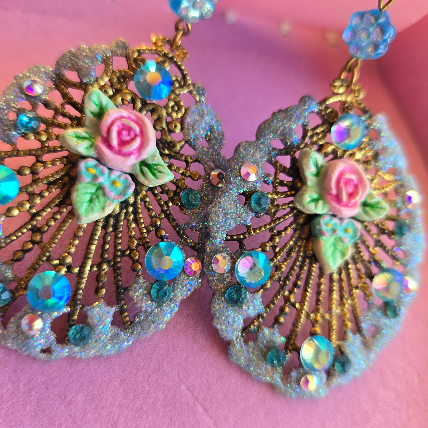Ethereal Romance | Blue | Earrings | Art Deco Inspired Filigree Peacock Feather & Rose with Forget-Me-Not