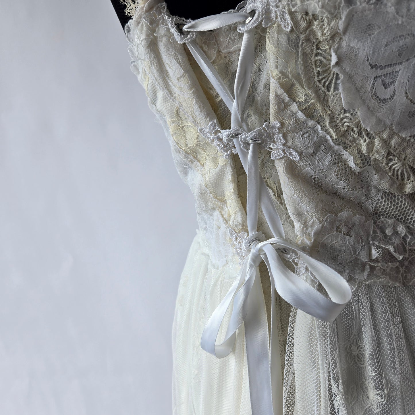 Ethereal Romance | White & Cream | Dress | Vintage Lace Embroidered Rose & Lace-up | Wedding & Bridal |Size Medium - Large