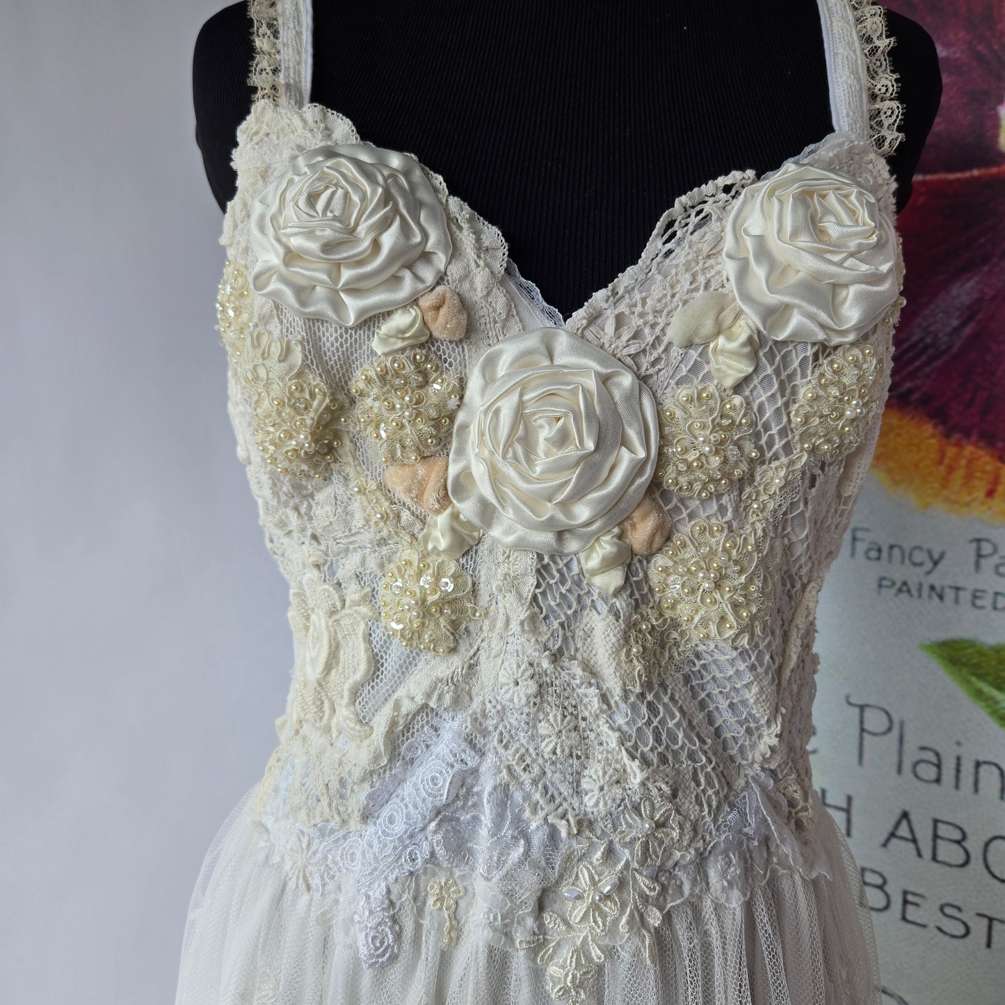Ethereal Romance | White & Cream | Dress | Vintage Lace Embroidered Rose & Lace-up | Wedding & Bridal |Size Medium - Large