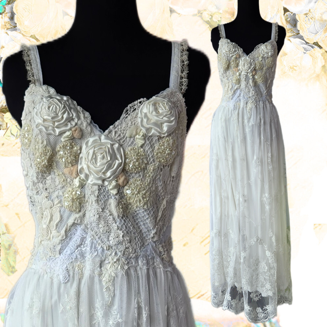 Ethereal Romance | White & Cream | Dress | Vintage Lace Embroidered Rose & Lace-up | Wedding & Bridal |Size Medium - Large