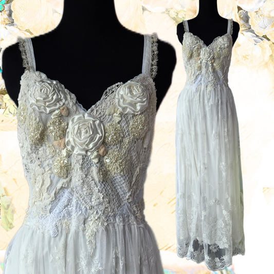 Ethereal Romance | White & Cream | Dress | Vintage Lace Embroidered Rose & Lace-up | Wedding & Bridal |Size Medium - Large