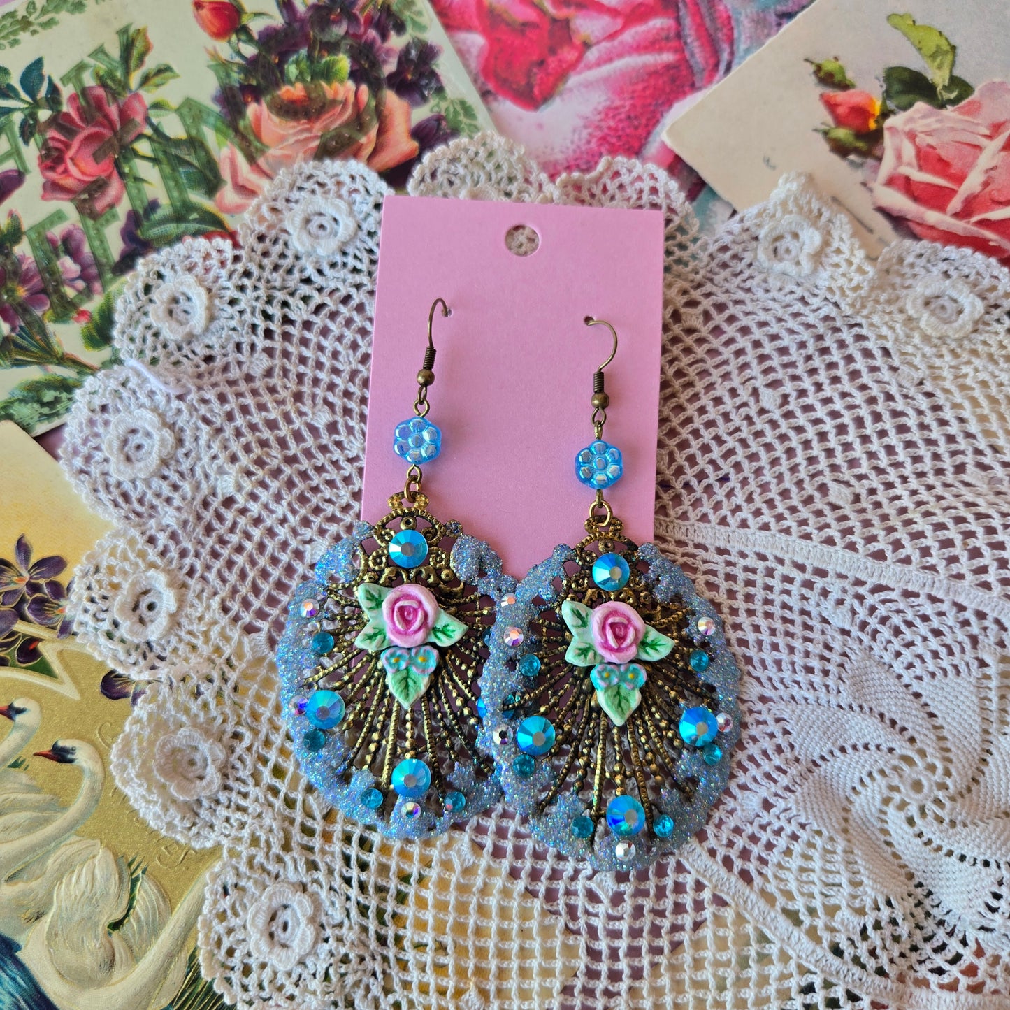 Ethereal Romance | Blue | Earrings | Art Deco Inspired Filigree Peacock Feather & Rose with Forget-Me-Not