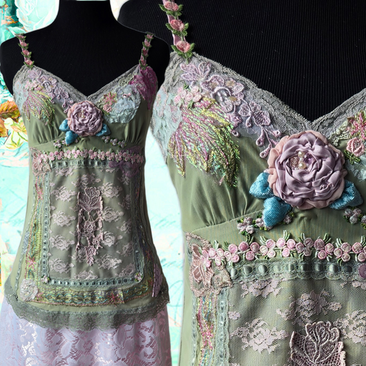 Ethereal Romance | Green | Top | Victorian Style Lace & Rose Cami | Size Small